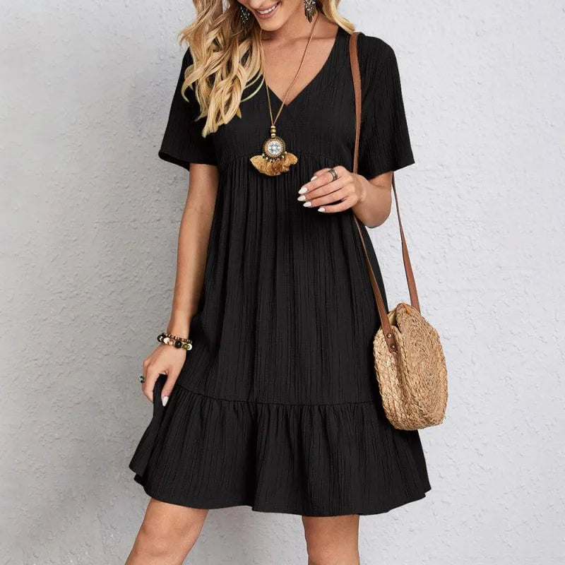 Boho V-Neck Crinkle Midi Dress