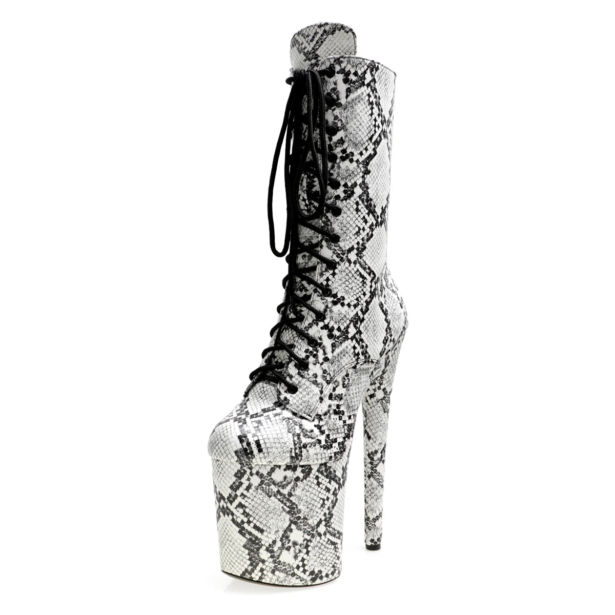 8 Inch Snake Print Lace-Up Platform Pole Dance Mid-Calf Boots