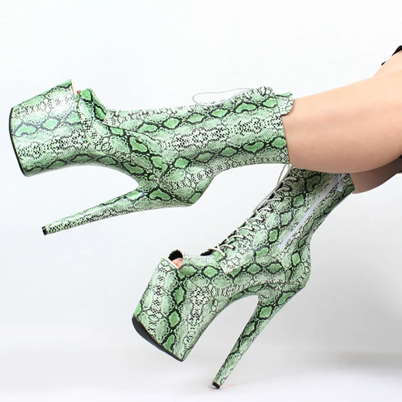 8 Inch Snake Print Lace-Up Platform Pole Dance Ankle Boots
