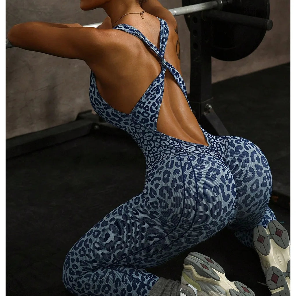 Leopard Print Backless Yoga Jumpsuit