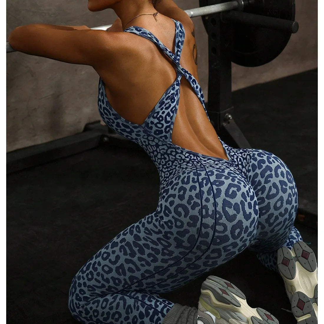 Leopard Print Backless Yoga Jumpsuit