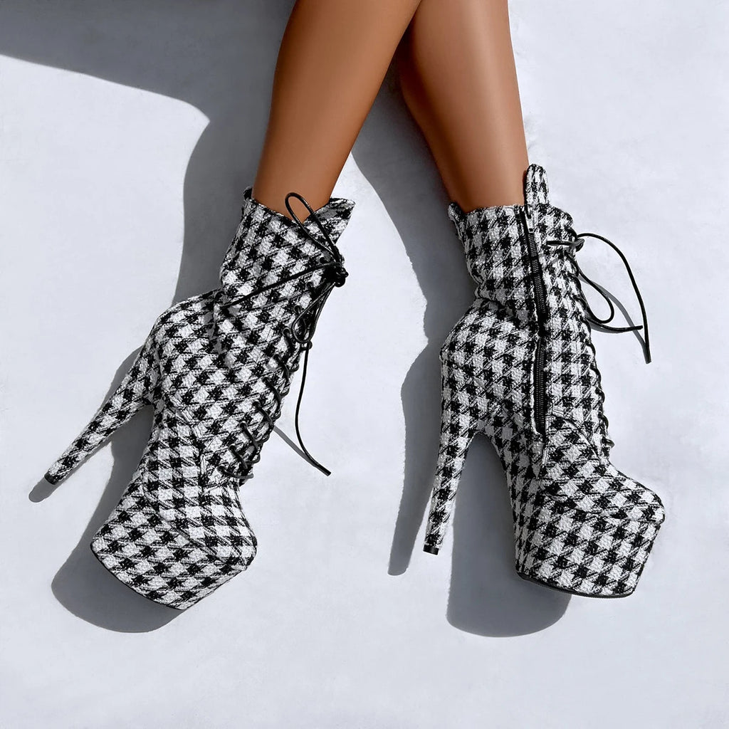 7 Inch Houndstooth Platform Ankle Boot Pole Dance Heels