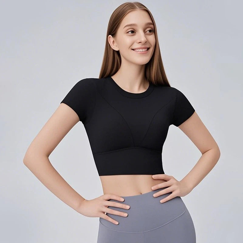 Women's Short-Sleeve Yoga Crop Top with Built-In Bra