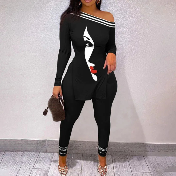 Graphic Print Long Sleeve Top & Legging Set