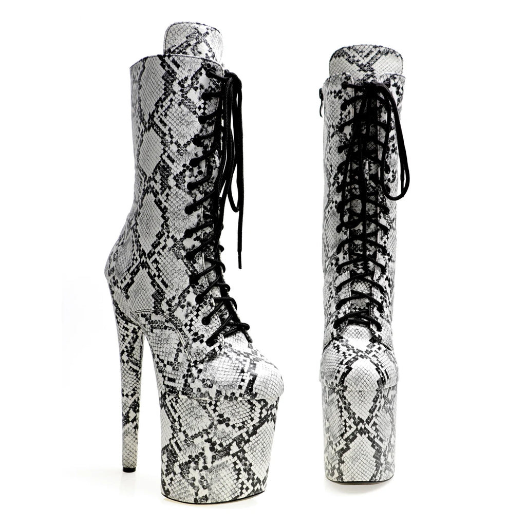 8 Inch Snake Print Lace-Up Platform Pole Dance Mid-Calf Boots