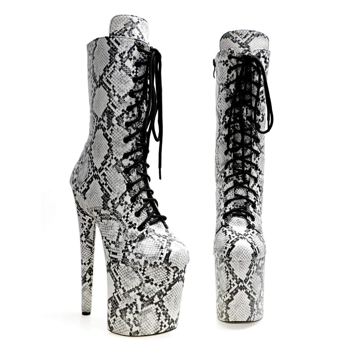 8 Inch Snake Print Lace-Up Platform Pole Dance Mid-Calf Boots