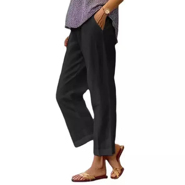 Cotton Linen Straight Leg Trousers with Pockets