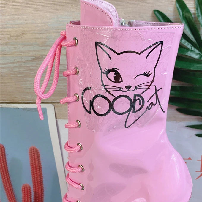 8 Inch Good Cat Graphic Patent Lace-Up Platform Pole Dance Boots