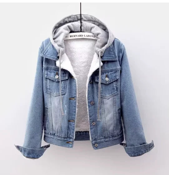 Fleece-Lined Denim Jacket with Hood – Women's Warm Casual Outerwear