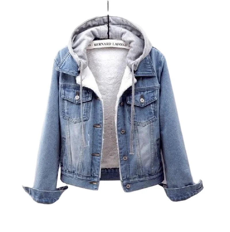 Fleece-Lined Denim Jacket with Hood – Women's Warm Casual Outerwear