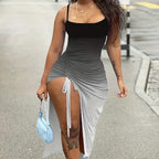 Ruched Drawstring Slit Midi Dress