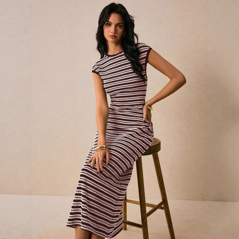 Striped Waist-Cinch Knitted Midi Dress