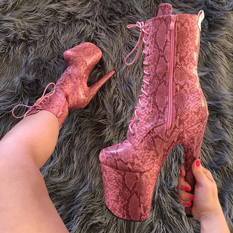 8 Inch Snake Print Lace-Up Platform Pole Dance Ankle Boots