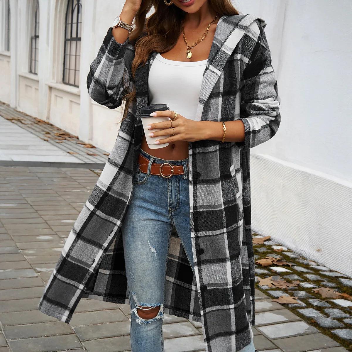 Plaid Hooded Longline Shacket