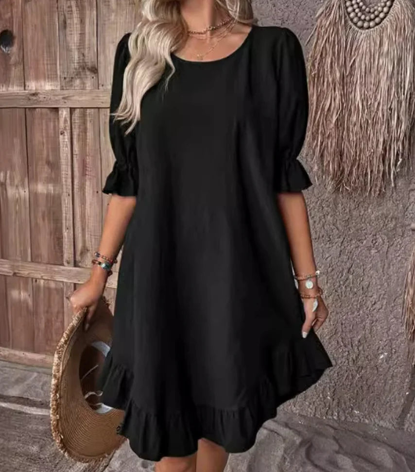 Boho Ruffle Hem Puff Sleeve Midi Dress
