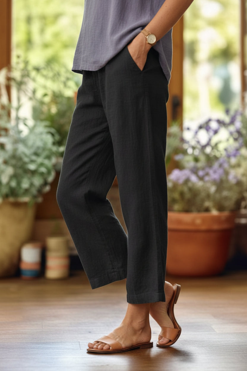 Cotton Linen Straight Leg Trousers with Pockets