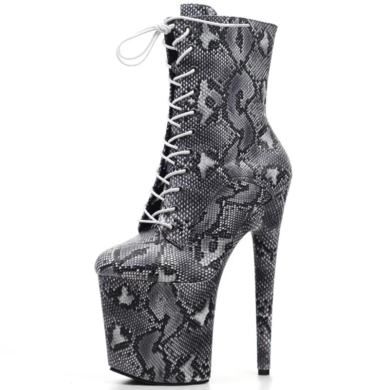 8 Inch Snake Print Lace-Up Platform Pole Dance Ankle Boots