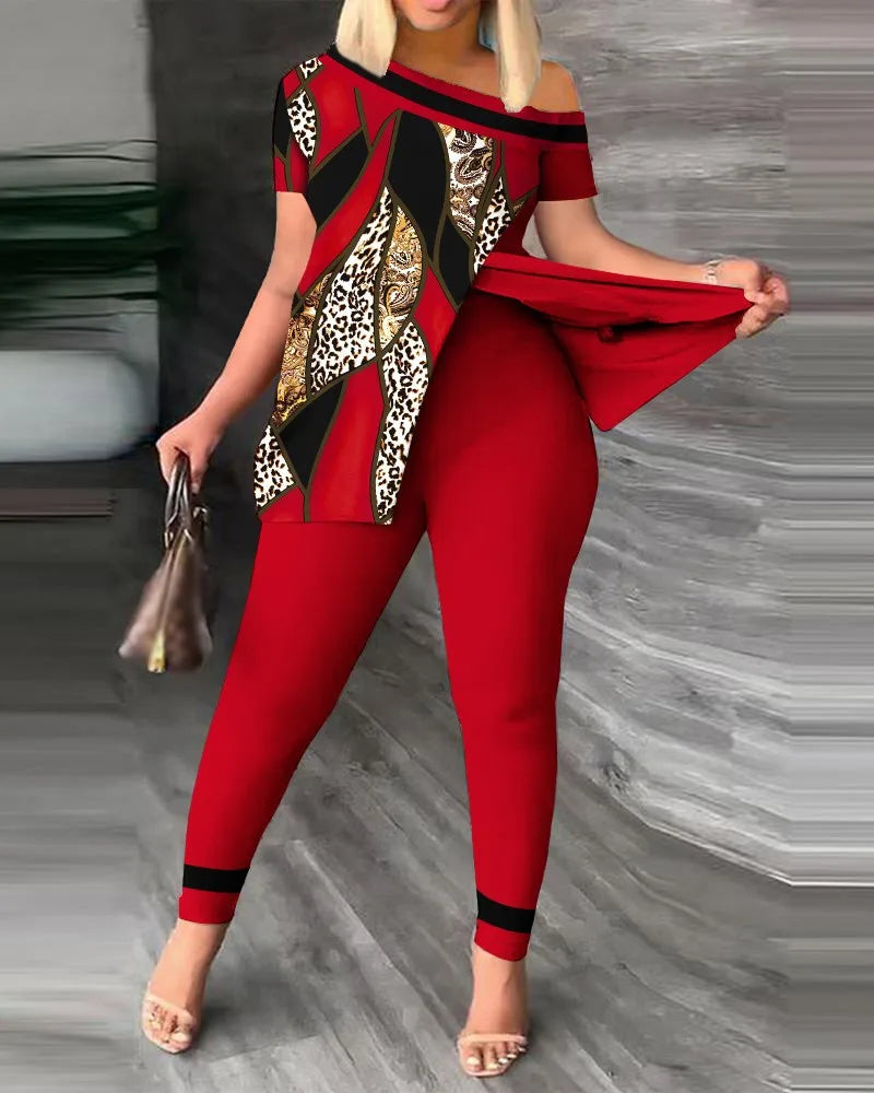 Graphic Print Off-Shoulder Top & Legging Set