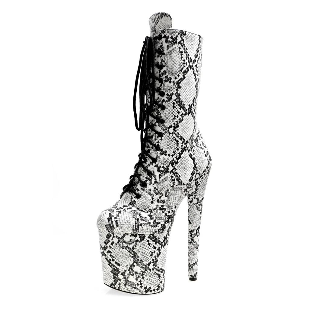 8 Inch Snake Print Lace-Up Platform Pole Dance Mid-Calf Boots