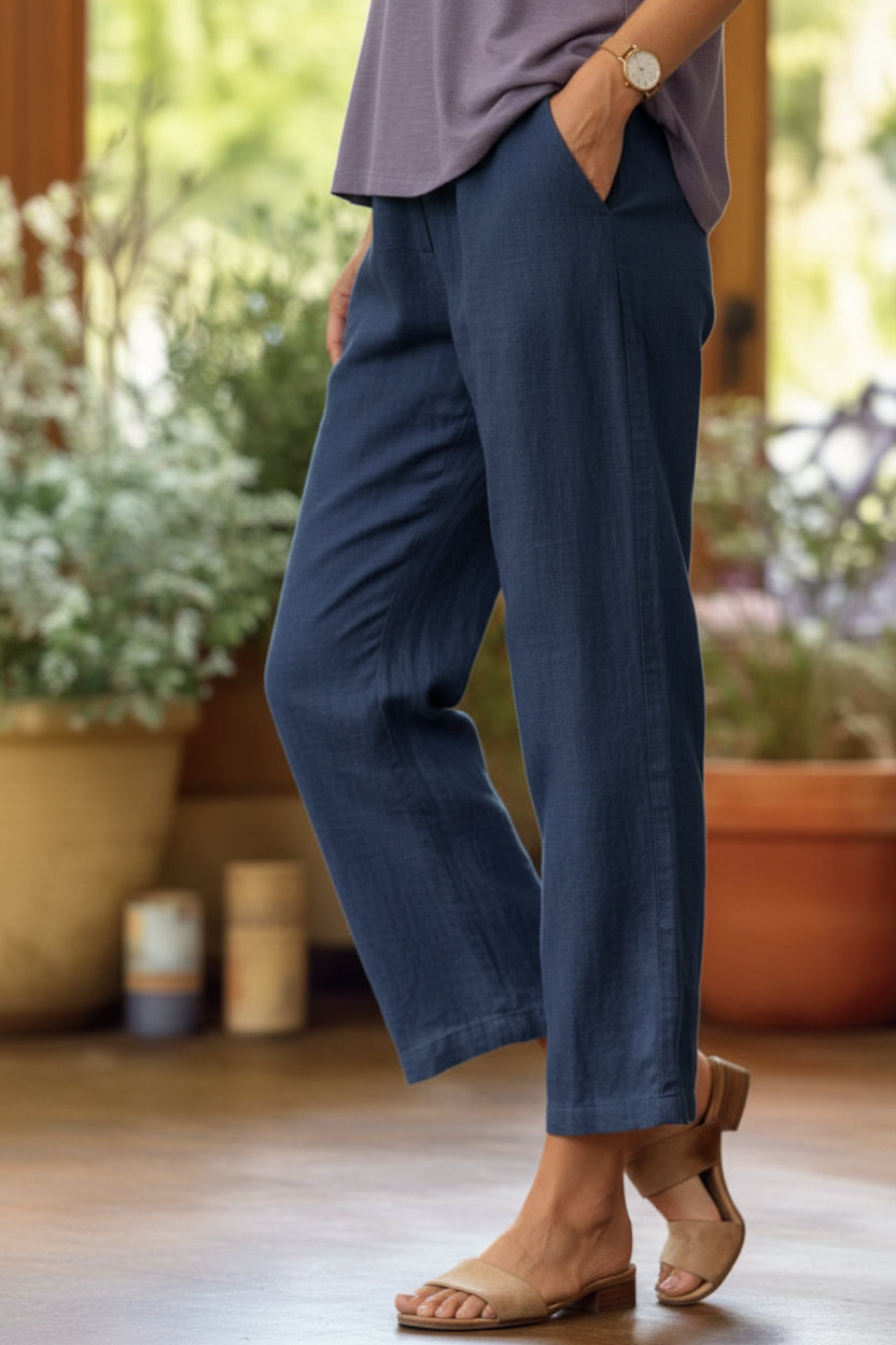 Cotton Linen Straight Leg Trousers with Pockets