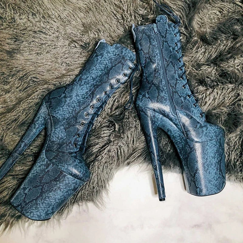 8 Inch Snake Print Lace-Up Platform Pole Dance Ankle Boots