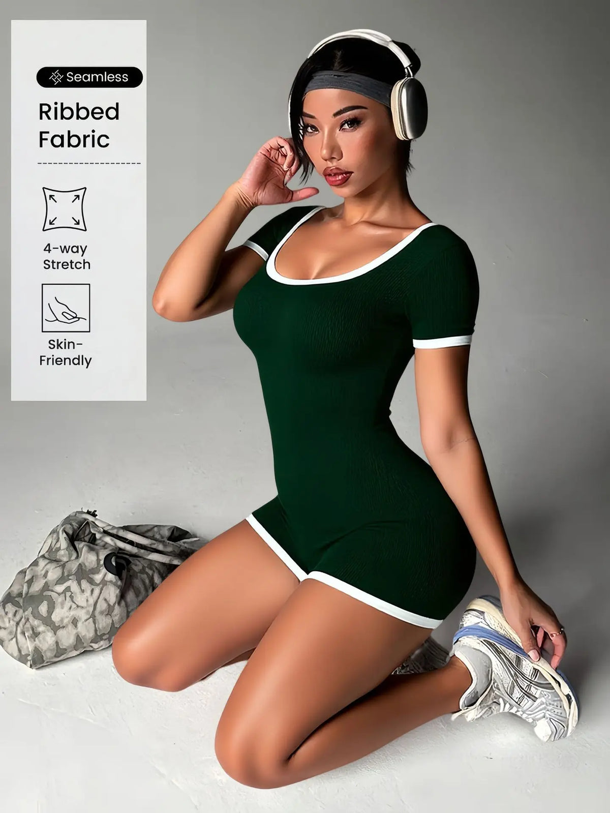 Ribbed Contrast Trim Workout Romper