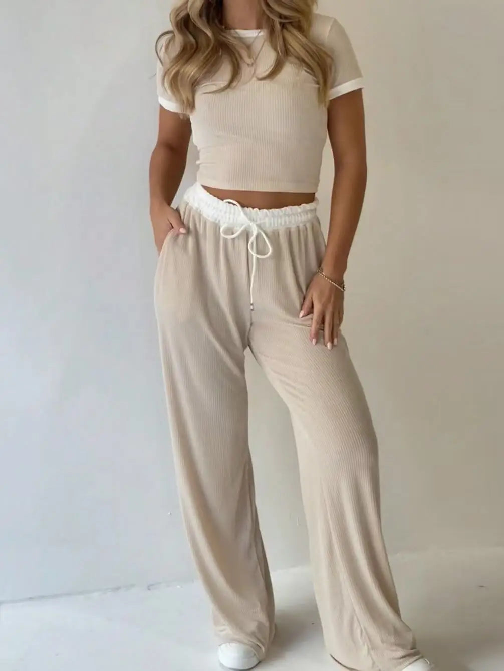 Contrast Trim Crop Top & Wide-Leg Pants Set