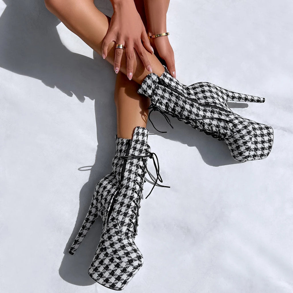 7 Inch Houndstooth Platform Ankle Boot Pole Dance Heels