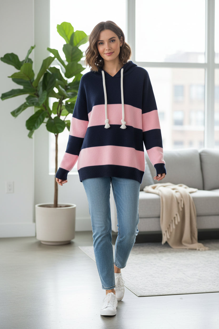 Colour-Block Striped Hooded Knit Sweater