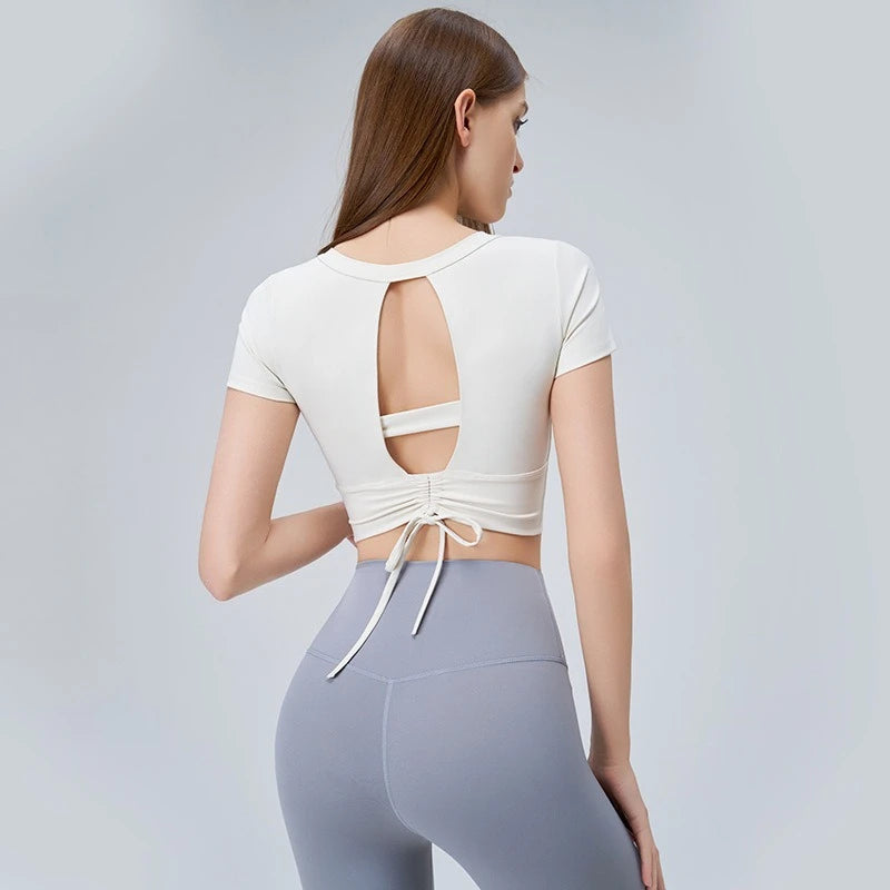 Women's Short-Sleeve Yoga Crop Top with Built-In Bra