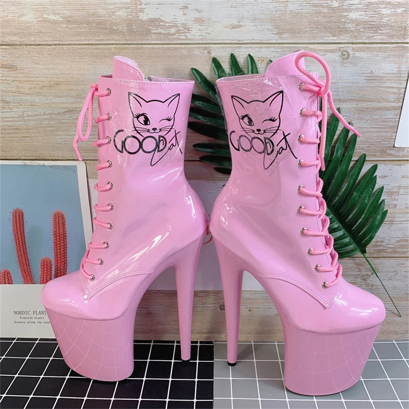 8 Inch Good Cat Graphic Patent Lace-Up Platform Pole Dance Boots
