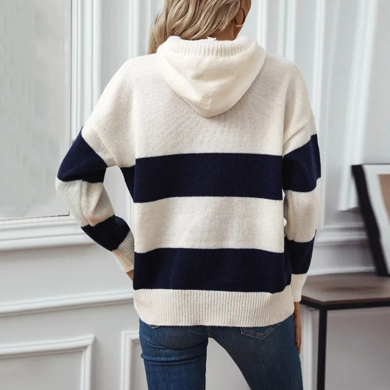 Colour-Block Striped Hooded Knit Sweater