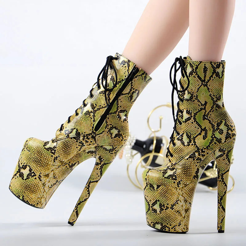 8 Inch Snake Print Lace-Up Platform Pole Dance Ankle Boots