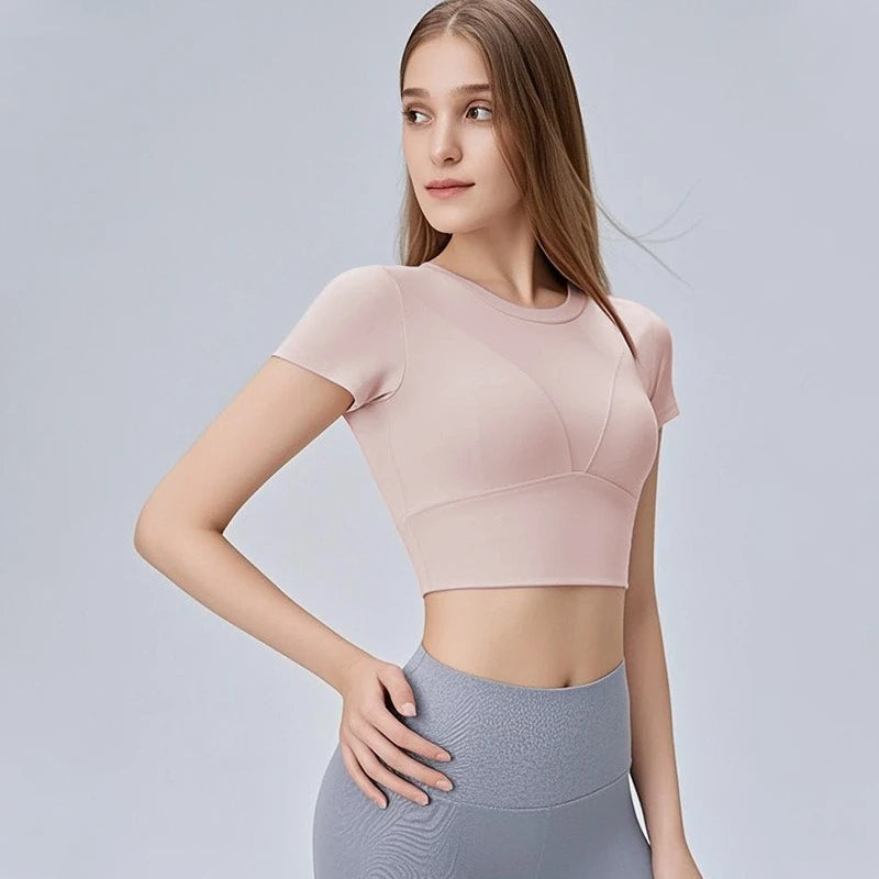 Women's Short-Sleeve Yoga Crop Top with Built-In Bra