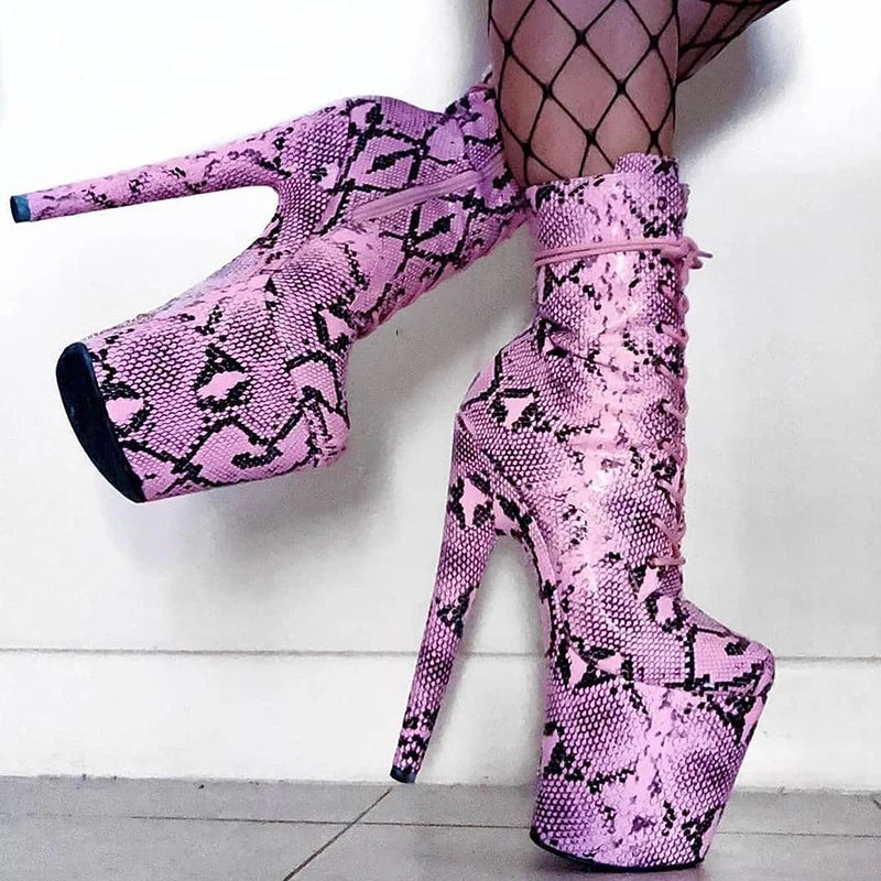 8 Inch Snake Print Lace-Up Platform Pole Dance Ankle Boots