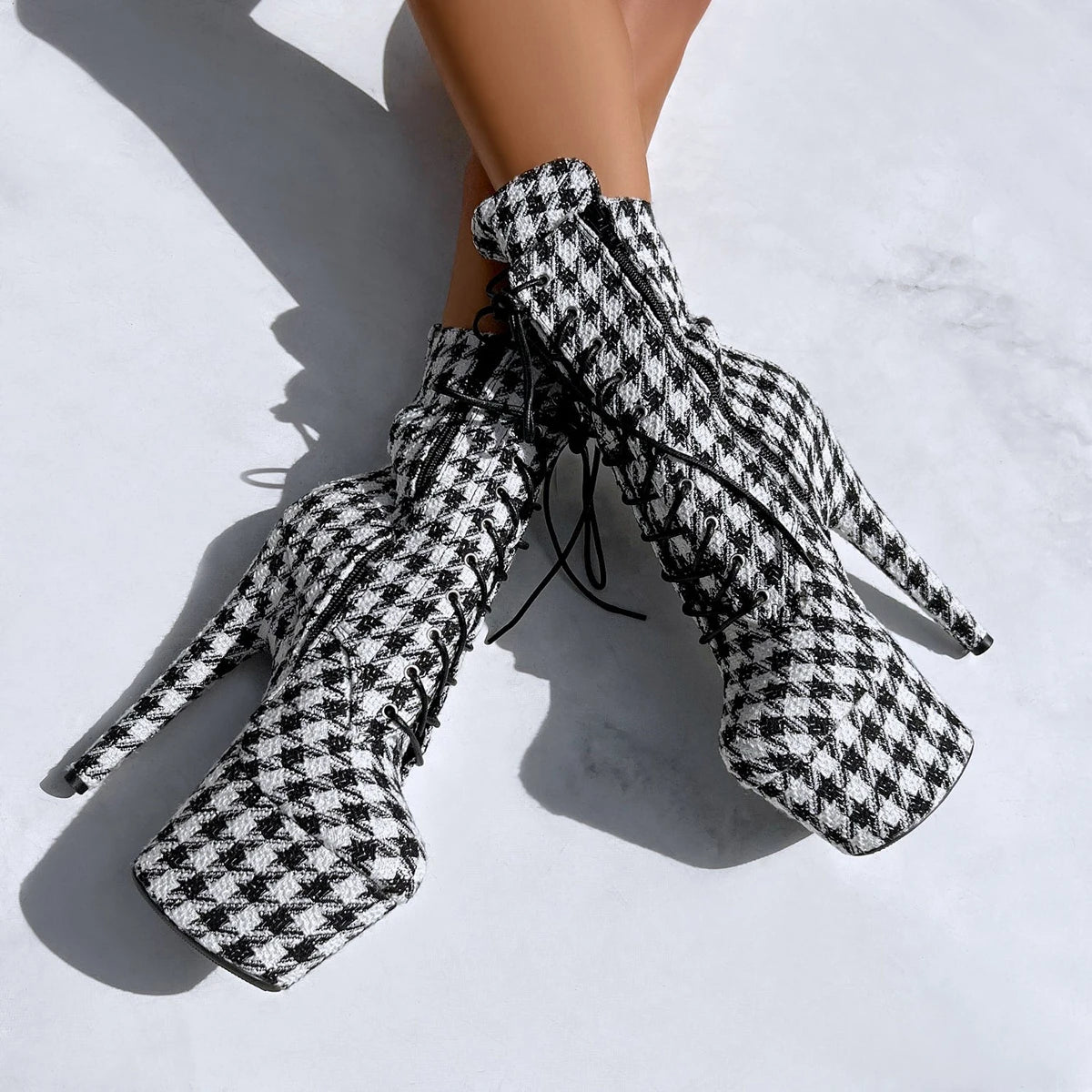 7 Inch Houndstooth Platform Ankle Boot Pole Dance Heels