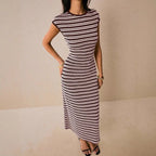 Striped Waist-Cinch Knitted Midi Dress