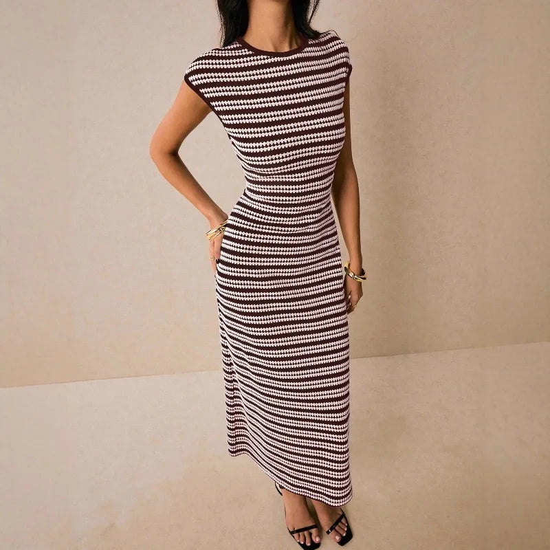 Striped Waist-Cinch Knitted Midi Dress