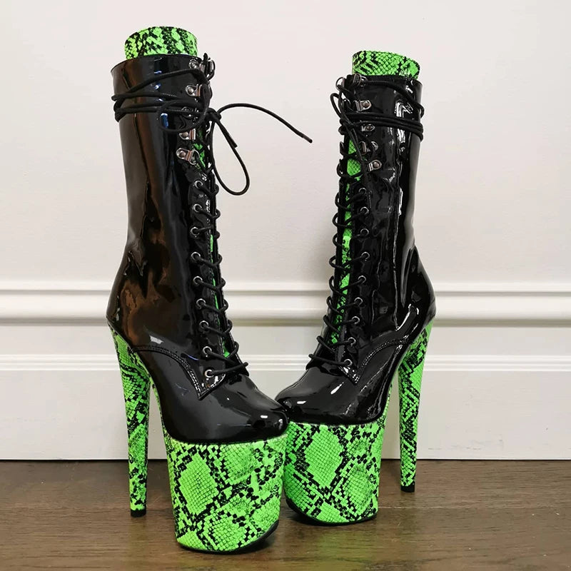 8 Inch Snake Print Lace-Up Platform Pole Dance Ankle Boots