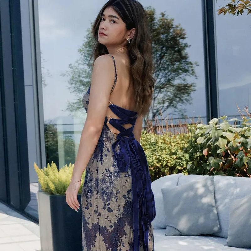 Lace-Up Back Lace Maxi Dress