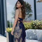 Lace-Up Back Lace Maxi Dress
