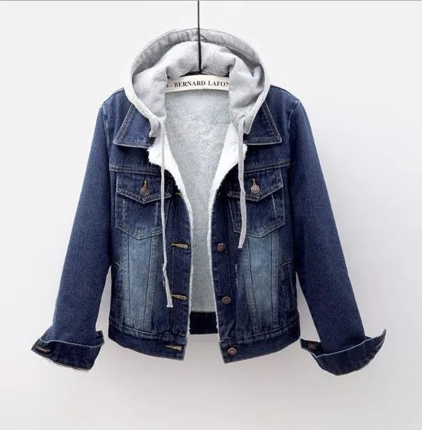 Fleece-Lined Denim Jacket with Hood – Women's Warm Casual Outerwear