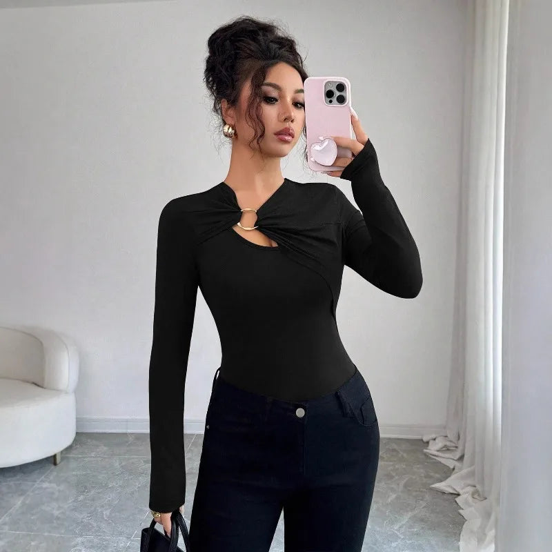 Metal Accent Asymmetric Knit Top