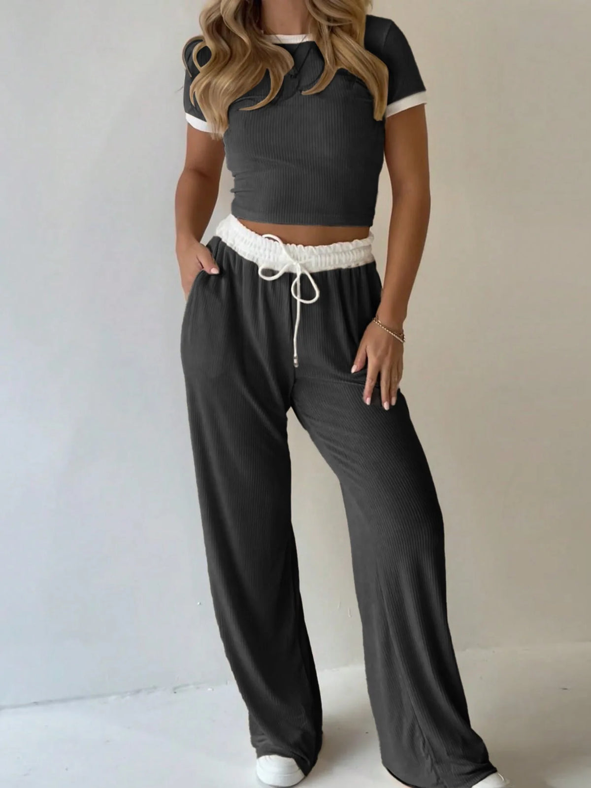 Contrast Trim Crop Top & Wide-Leg Pants Set