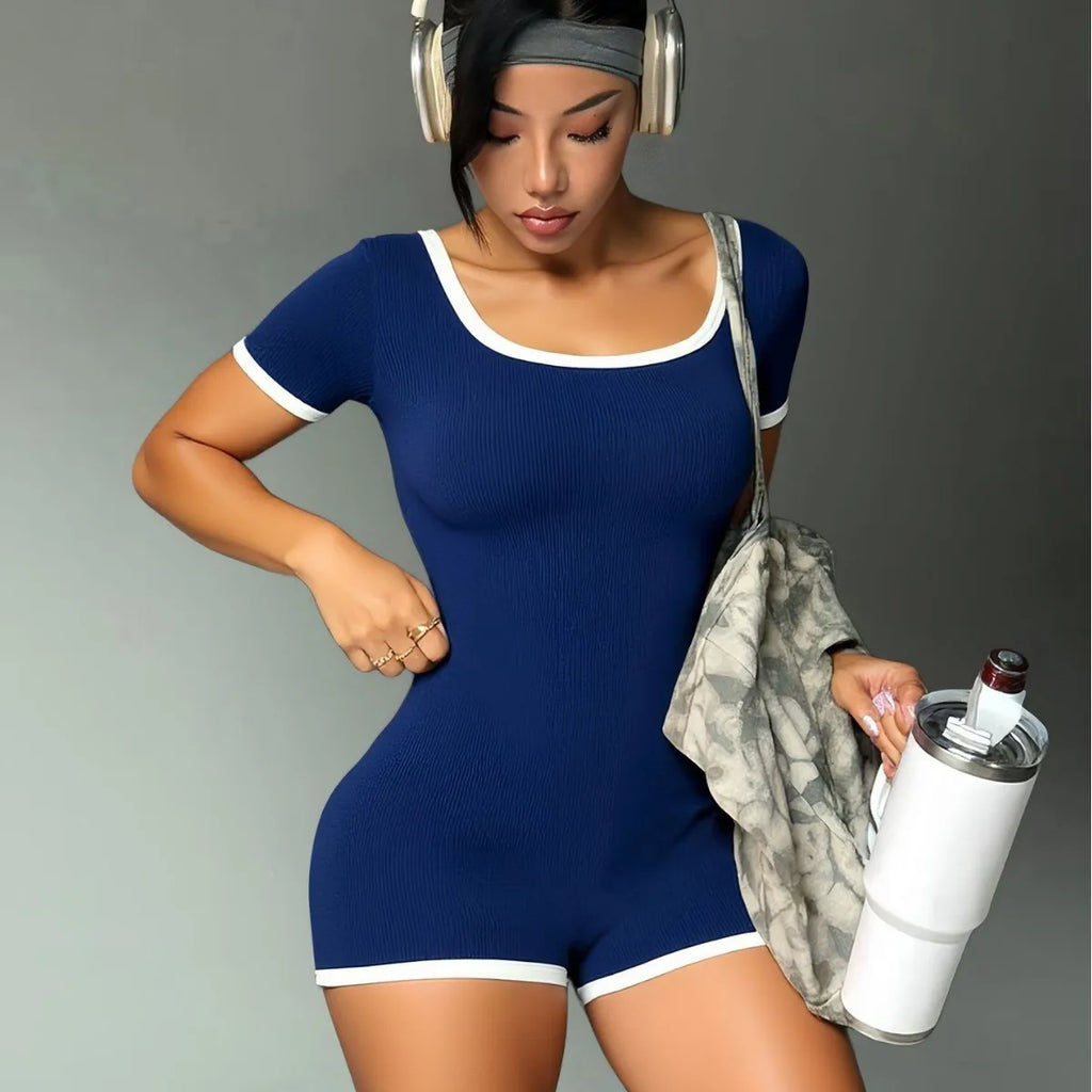 Ribbed Contrast Trim Workout Romper