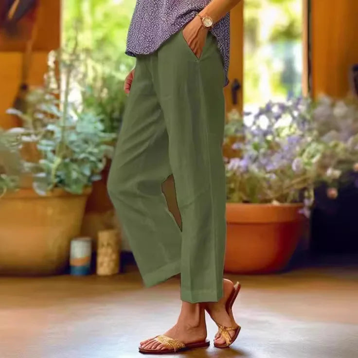 Cotton Linen Straight Leg Trousers with Pockets
