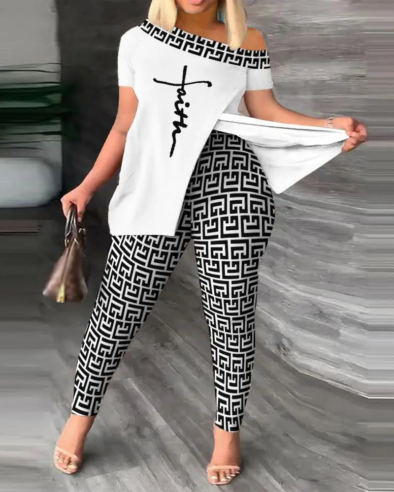 Graphic Print Off-Shoulder Top & Legging Set