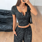 Wide Leg Pants Set with Short Sleeve Crop Top | Two-Piece Leisurewear