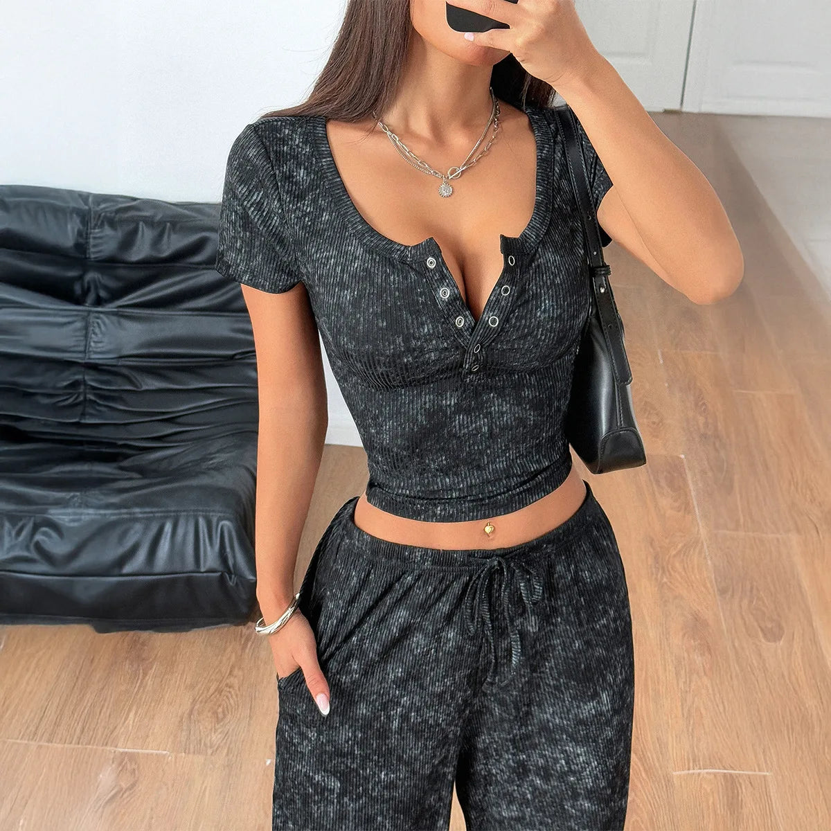 Wide Leg Pants Set with Short Sleeve Crop Top | Two-Piece Leisurewear
