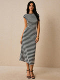 Striped Waist-Cinch Knitted Midi Dress